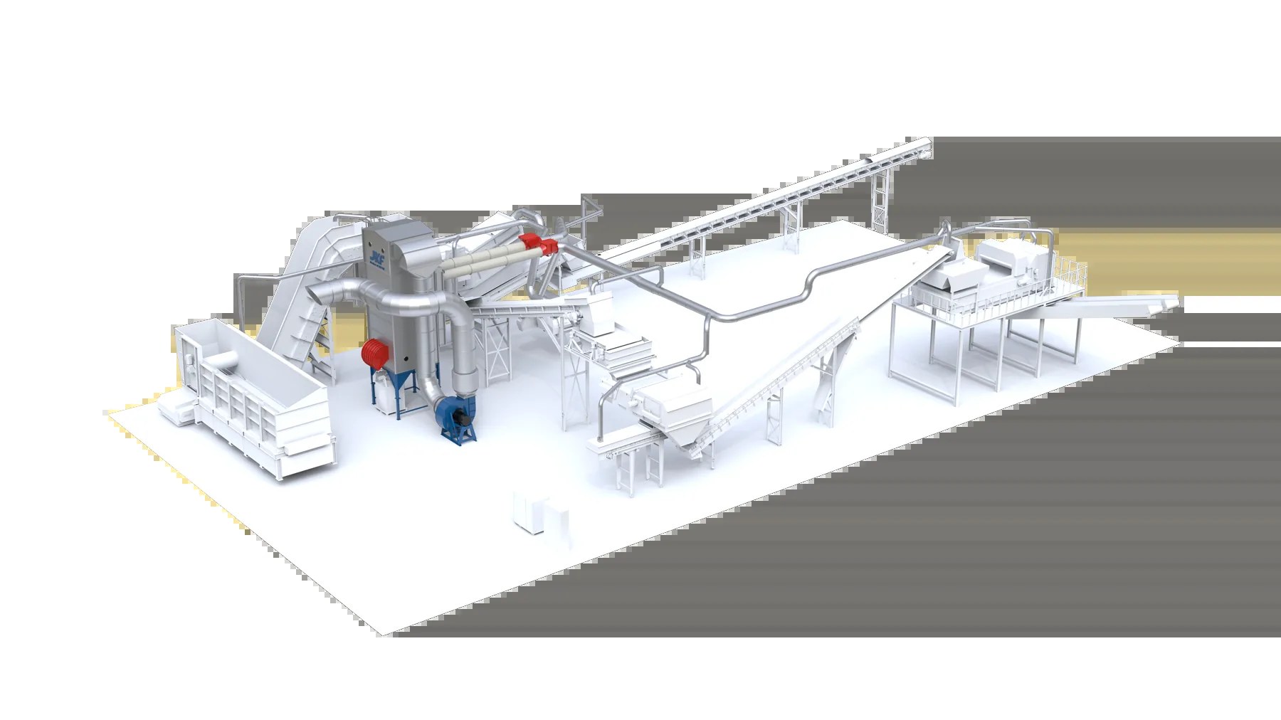 Pełny model obiektu 3D przedstawiający przenośniki odpadów wielkogabarytowych, urządzenia do przetwarzania oraz zintegrowany system odpylania JKF