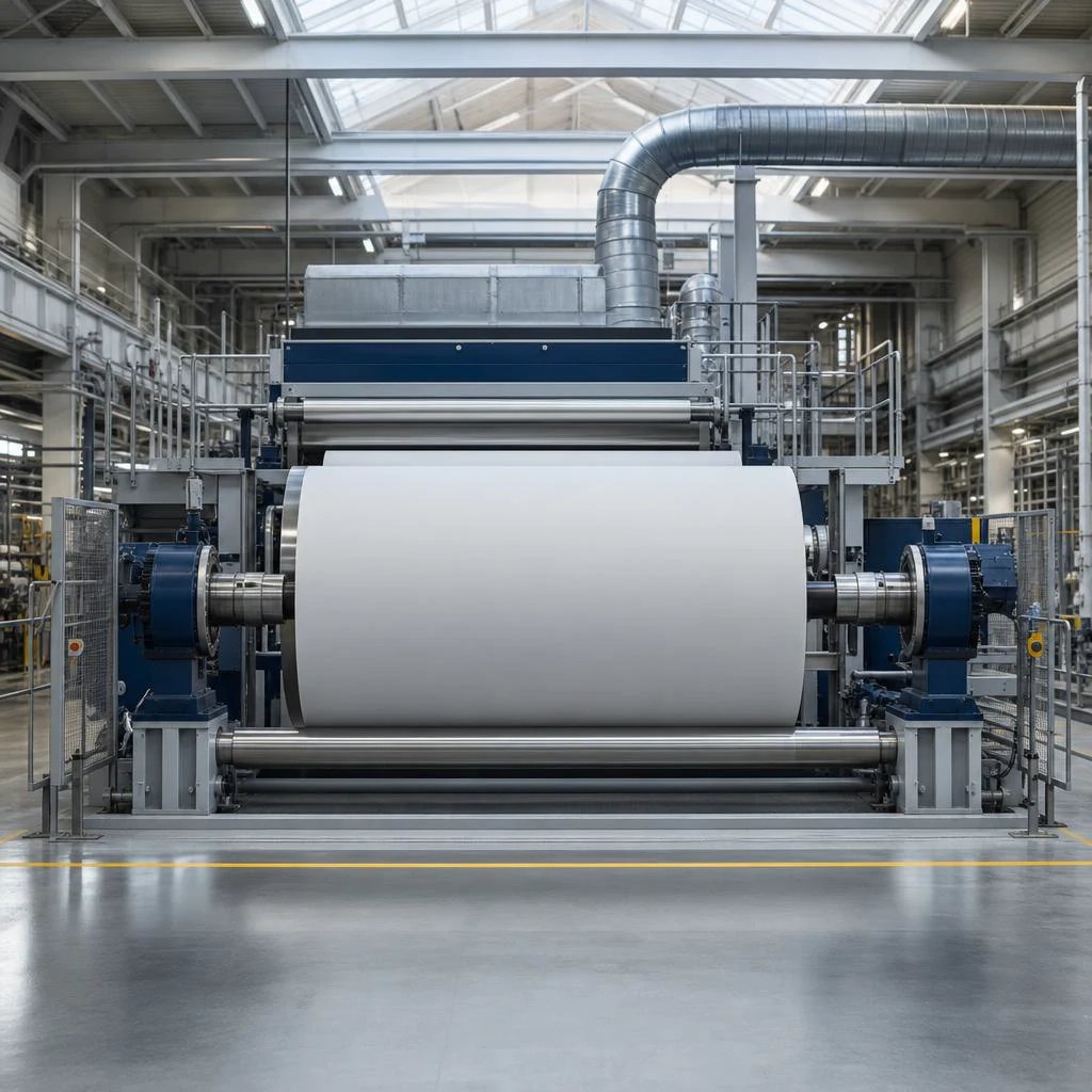 Illustration générée par IA représentant des machines de production papetière avec une grande bobine de papier et un réseau de gaines d’aspiration en hauteur.
